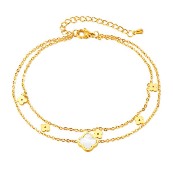 Fashion Niche Carved Blank Flower Double-Layer Foot Chain Stainless Steel Women'S Ankle Chain with White Shell