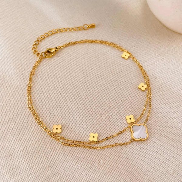 Fashion Niche Carved Blank Flower Double-Layer Foot Chain Stainless Steel Women'S Ankle Chain with White Shell