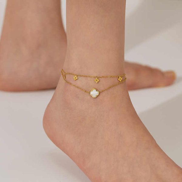 Fashion Niche Carved Blank Flower Double-Layer Foot Chain Stainless Steel Women'S Ankle Chain with White Shell