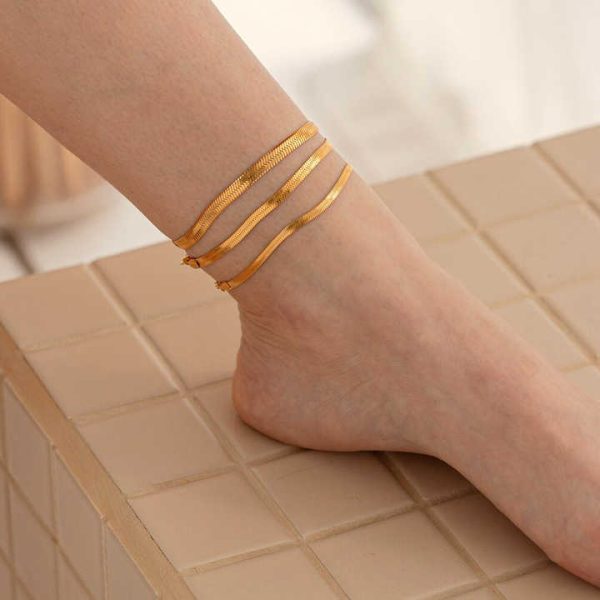 EManco Women's Fine Stainless Steel Gold Plated Flat Snake Chain Anklet Bracelet Pearl Foot Chain Party Real Gold Anklets