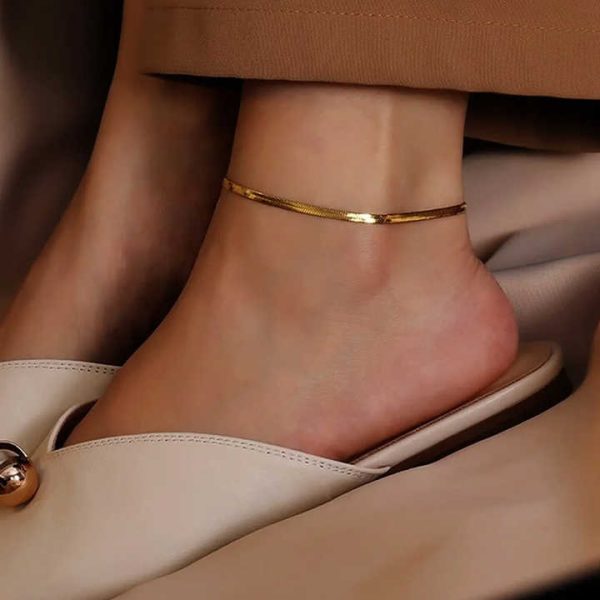 EManco Women's Fine Stainless Steel Gold Plated Flat Snake Chain Anklet Bracelet Pearl Foot Chain Party Real Gold Anklets