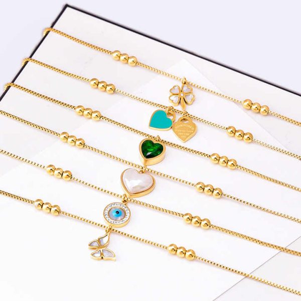 Tarnish Free Wholesale Stainless Steel Jewelry Waterproof Fashion Gold Plated Beaded Chain Heart Eyes Butterfly Pendant Anklet