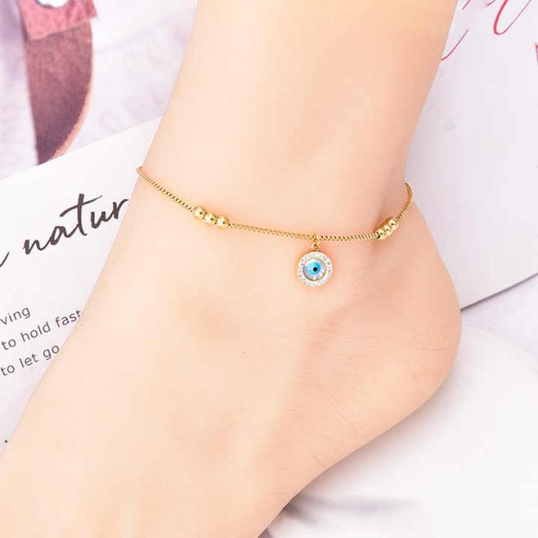 Tarnish Free Wholesale Stainless Steel Jewelry Waterproof Fashion Gold Plated Beaded Chain Heart Eyes Butterfly Pendant Anklet