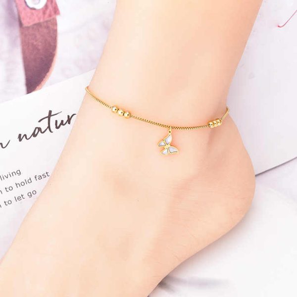Tarnish Free Wholesale Stainless Steel Jewelry Waterproof Fashion Gold Plated Beaded Chain Heart Eyes Butterfly Pendant Anklet
