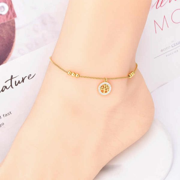 Tarnish Free Wholesale Stainless Steel Jewelry Waterproof Fashion Gold Plated Beaded Chain Heart Eyes Butterfly Pendant Anklet