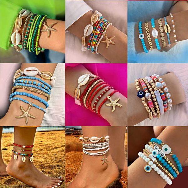 Custom Summer Beach Anklet Jewelry Gold Plated Alloy Starfish Shell Chain Bohemia Style Beaded Anklet