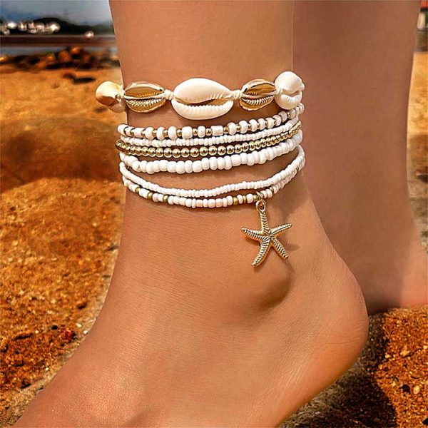 Custom Summer Beach Anklet Jewelry Gold Plated Alloy Starfish Shell Chain Bohemia Style Beaded Anklet