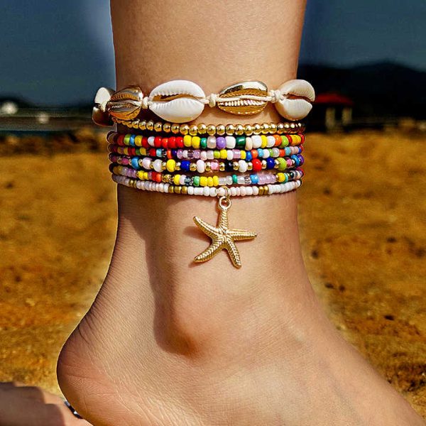 Custom Summer Beach Anklet Jewelry Gold Plated Alloy Starfish Shell Chain Bohemia Style Beaded Anklet