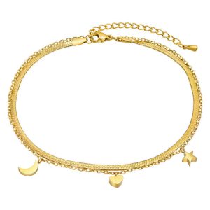 Fenny Jewelry Women's 18K PVD Plated Gold Anklet Romantic Crescent Star Heart Pendant Herringbone Stainless Steel Zircon Fashion