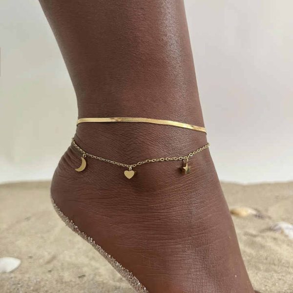 Fenny Jewelry Women's 18K PVD Plated Gold Anklet Romantic Crescent Star Heart Pendant Herringbone Stainless Steel Zircon Fashion