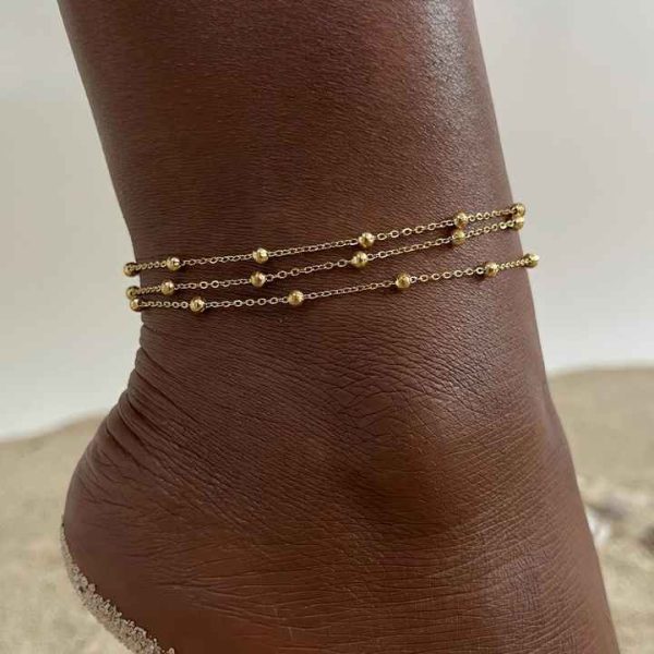 Fenny Jewelry Women's 18K PVD Plated Gold Anklet Romantic Crescent Star Heart Pendant Herringbone Stainless Steel Zircon Fashion