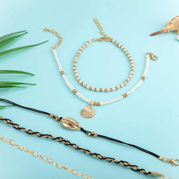 5pcs/Set Summer Ocean Beach Foot Chains Bohemia Jewelry Handmade Multi-Layer Anklets Beaded Sea Shell Geometric Anklets Women