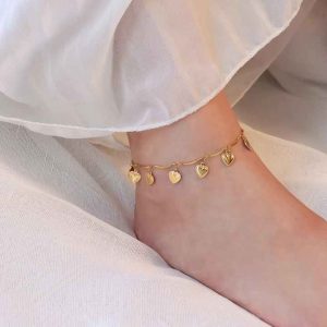 Trendy Stainless Steel 18K Gold Plated Anklet with Love Heart Pendant for Beach and Casual Wear