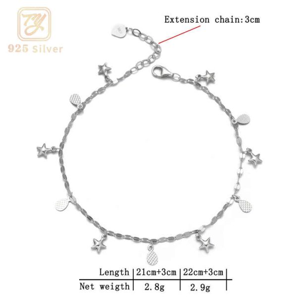 Romantic Jewelry 925 Sterling Silver Lip anklet Hanging Stars 18k Gold plated Ancle Chain Anklet Summer Beach Ladies anklet