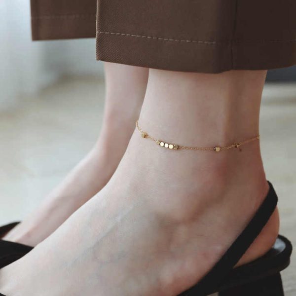New Luxe Women's Gold-Plated Stainless Steel Anklet With Small Square Beads, Fade-Resistant