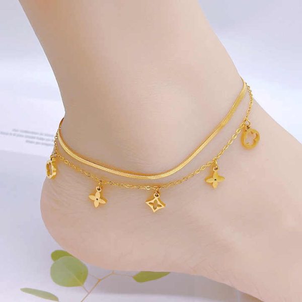 Fashion Double Layers Hollow Flowers Pendant Anklet 18K Gold Plated Flat Snake Chain Titanium Steel Anklets for Women