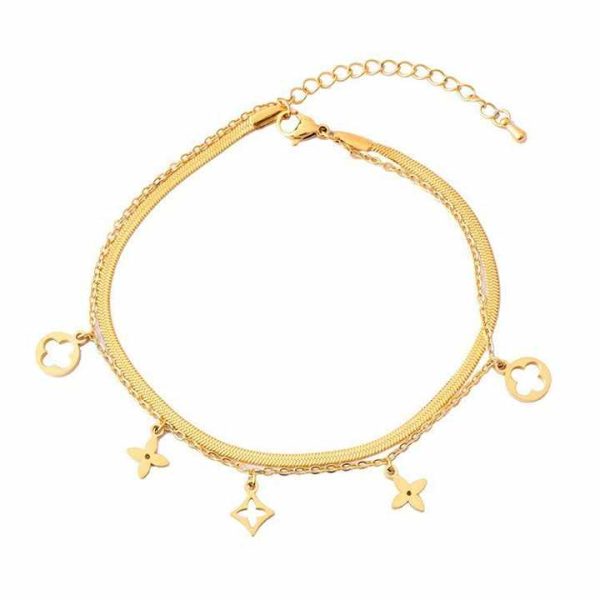 Fashion Double Layers Hollow Flowers Pendant Anklet 18K Gold Plated Flat Snake Chain Titanium Steel Anklets for Women