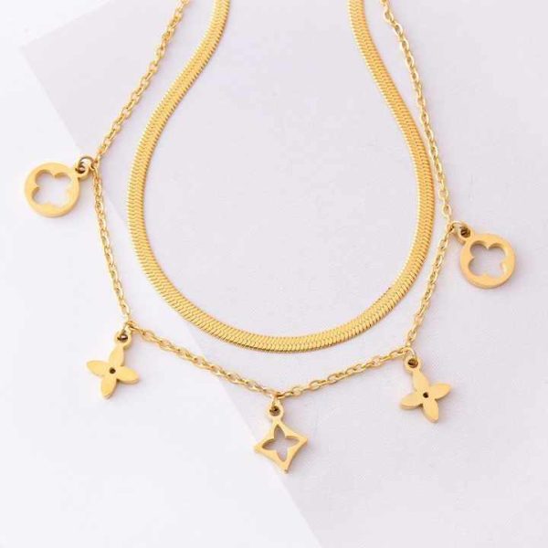 Fashion Double Layers Hollow Flowers Pendant Anklet 18K Gold Plated Flat Snake Chain Titanium Steel Anklets for Women