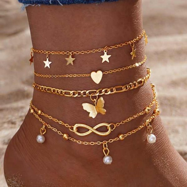 Minimalist Diamond Bohemia Chain Fashion Anklets Set of 14K Gold Plated 925 Silver Anklets for Women Stainless Steel Jewelry