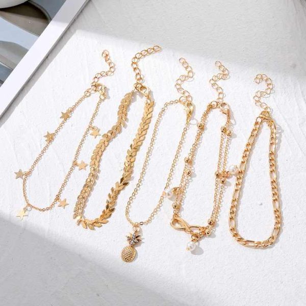 Minimalist Diamond Bohemia Chain Fashion Anklets Set of 14K Gold Plated 925 Silver Anklets for Women Stainless Steel Jewelry