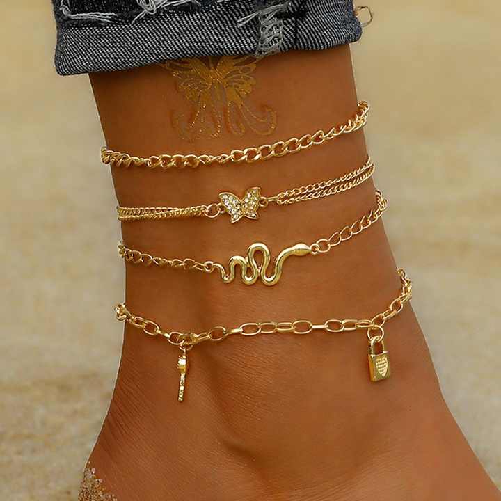Fashion 4pcs/set Bohemian Snake Pendant Anklets Set for Women Key Lock Butterfly Pendant Multi-layer Anklet Foot Ankle