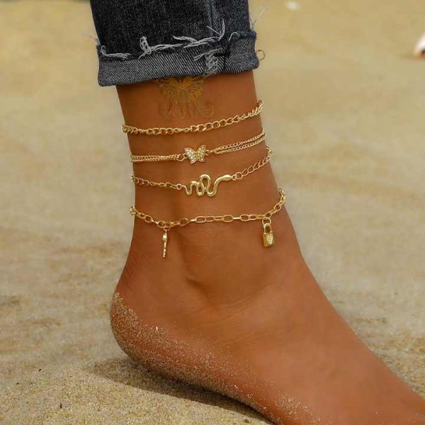 Fashion 4pcs/set Bohemian Snake Pendant Anklets Set for Women Key Lock Butterfly Pendant Multi-layer Anklet Foot Ankle