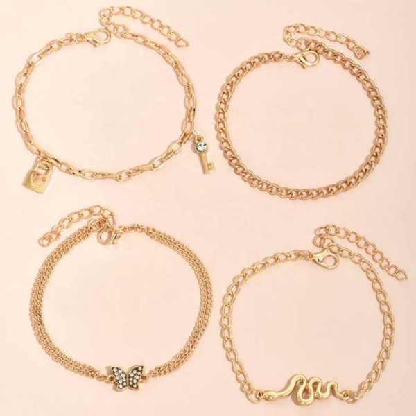 Fashion 4pcs/set Bohemian Snake Pendant Anklets Set for Women Key Lock Butterfly Pendant Multi-layer Anklet Foot Ankle