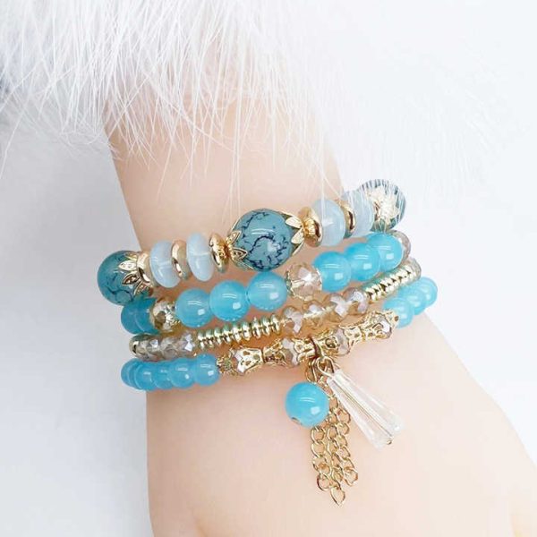 Bohemian Style Glass Crystal Bead Bracelets Women's Fashion Gold Plated Charm Bracelets for Party or Holiday 4 Sets As Gift