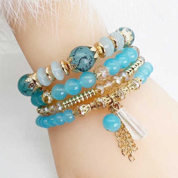 Bohemian Style Glass Crystal Bead Bracelets Women's Fashion Gold Plated Charm Bracelets for Party or Holiday 4 Sets As Gift