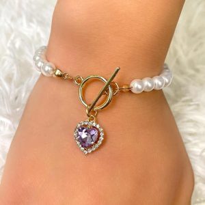 YW Fashion High Quality Simple Red Crystal Heart Pendant Charms Beaded Pearl Bracelets