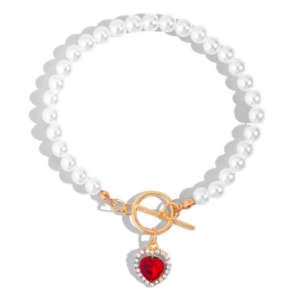 YW Fashion High Quality Simple Red Crystal Heart Pendant Charms Beaded Pearl Bracelets
