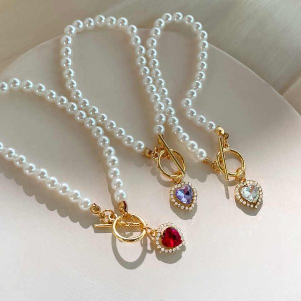 YW Fashion High Quality Simple Red Crystal Heart Pendant Charms Beaded Pearl Bracelets
