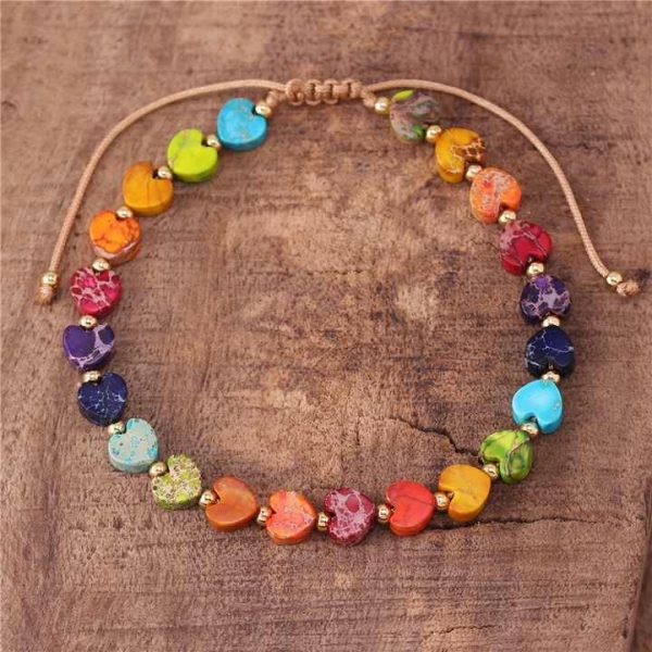 Boho 6mm Natural Stone Jasper 7 Chakra Rainbow Heart Beads Bracelet Fashion Adjustable Turquoise Dainty Bracelet Jewelry Dropshi