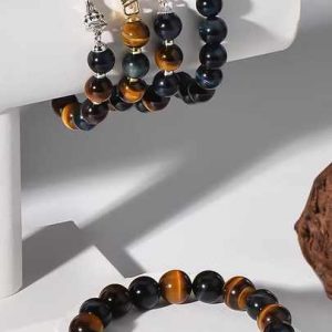 Natural Tiger's Eye Crystal Beaded Bracelet with 925 Sterling Silver Charms - Customizable Unisex Jewelry for Men and Women
