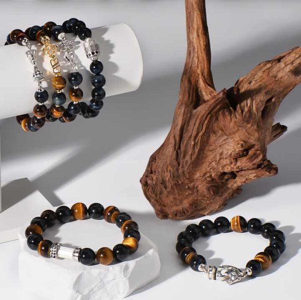 Natural Tigers Eye Stones Beads Crystal Custom 925 Sterling Silver Charms Vintage Jewelry Fashion Beaded Bracelets for Men Women