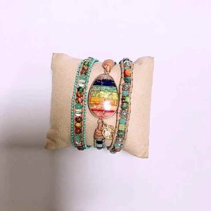 Punk Style Colorful Semi-Precious Stone Bead Leather Wrap Bracelet for Women and Men