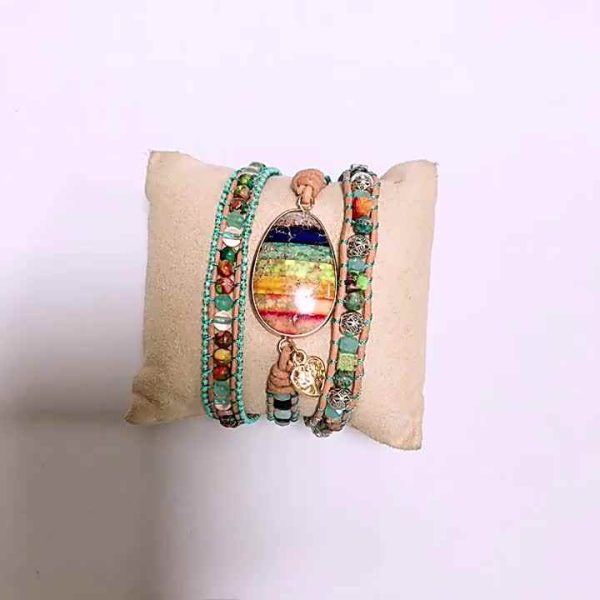 Punk Style Colorful Semi-Precious Stone Bead Leather Wrap Bracelet for Women and Men