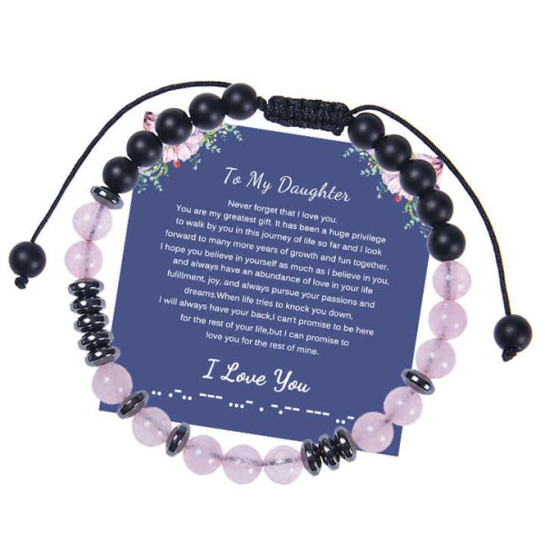 Fashion Jewelry 6MM Woven Elastic String Pink Crystal Black Matte Morse Code Design Frosted Copper Beaded Bracelet Anniversary