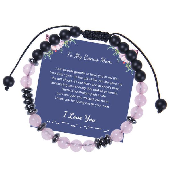 Fashion Jewelry 6MM Woven Elastic String Pink Crystal Black Matte Morse Code Design Frosted Copper Beaded Bracelet Anniversary