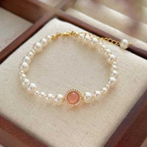 Vintage Geometric Agate Pearl Gold Plated Beaded Bracelet for Women Wedding Unisex Jewelry Gift