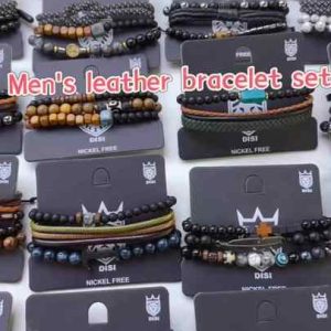 Men's Adjustable Leather Beaded Bracelet - Handmade Wrist Cuff for Anniversary Gifts