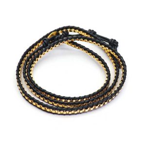 Trendy 316 Stainless Steel Braided Bead Bracelet with Leather Accents and Gold Plated Finish