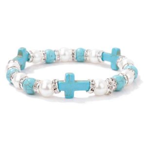 Cute Style Natural Turquoise Howlite Cross Elastic Jade Beaded Bracelet for Women Fashion Jewelry Gift