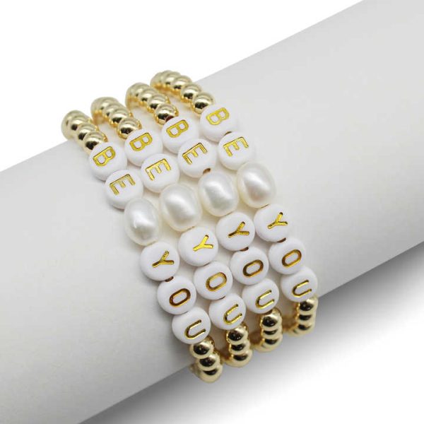 Custom Handmade DIY Fashion Beaded Bracelet High Polished Gold Inspired Stretch Gold Alphabet Pearl Beaded Bracelet Jewelry