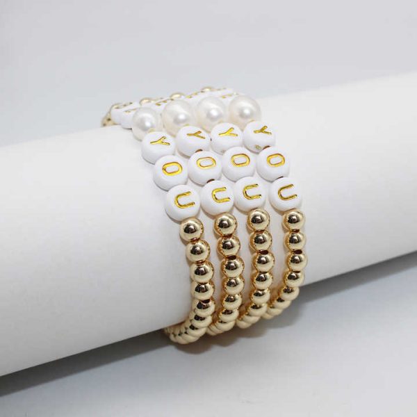 Custom Handmade DIY Fashion Beaded Bracelet High Polished Gold Inspired Stretch Gold Alphabet Pearl Beaded Bracelet Jewelry