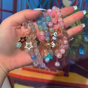 Vintage Lampwork Glass Bead Bracelet with Panda and Fish Tail Design, Forest Style Beaded Jewelry for Girls