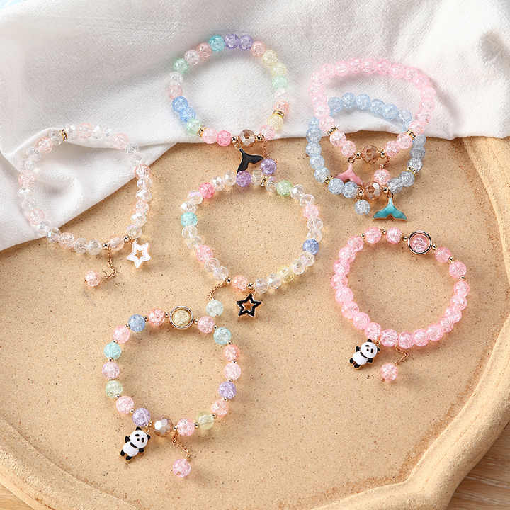 Fashion Trendy Crystal Glass Bead Bracelet Panda Fish Tail Forest Style Beaded Bracelets for Girls
