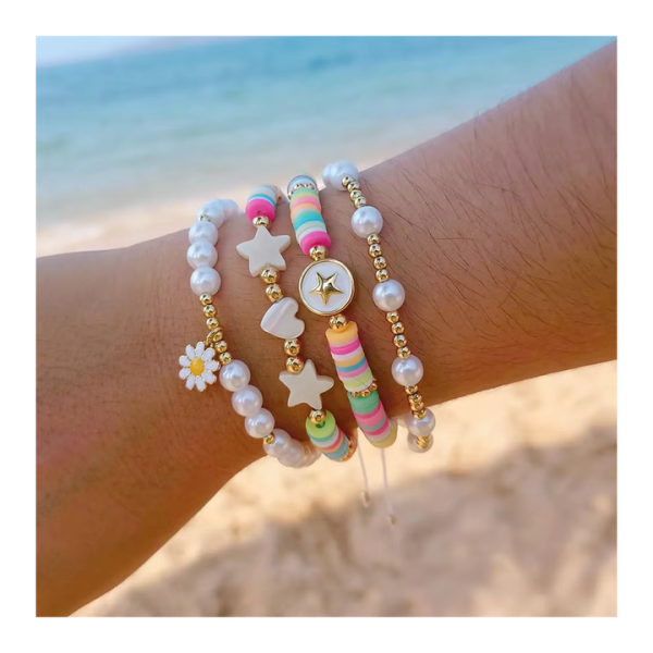 New Bohemian Fashion Jewelry Beach Girl Gold Plated Beaded Bracelet Set Shell Star Heart Daisy Charm Imitation Pearl Bracelet