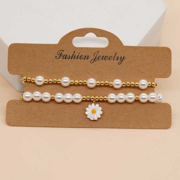 New Bohemian Fashion Jewelry Beach Girl Gold Plated Beaded Bracelet Set Shell Star Heart Daisy Charm Imitation Pearl Bracelet