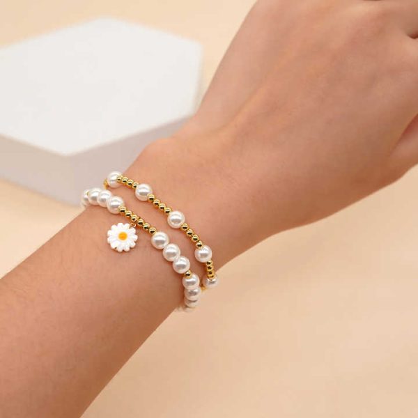 New Bohemian Fashion Jewelry Beach Girl Gold Plated Beaded Bracelet Set Shell Star Heart Daisy Charm Imitation Pearl Bracelet